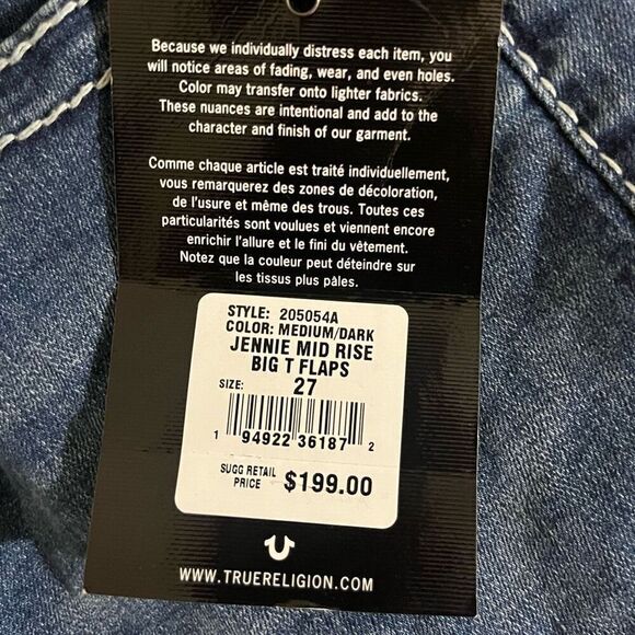 True Religion Big T Flap Jennie Mid Rise Medium Dark 205054A Sz 27 NWT - Picture 6 of 9